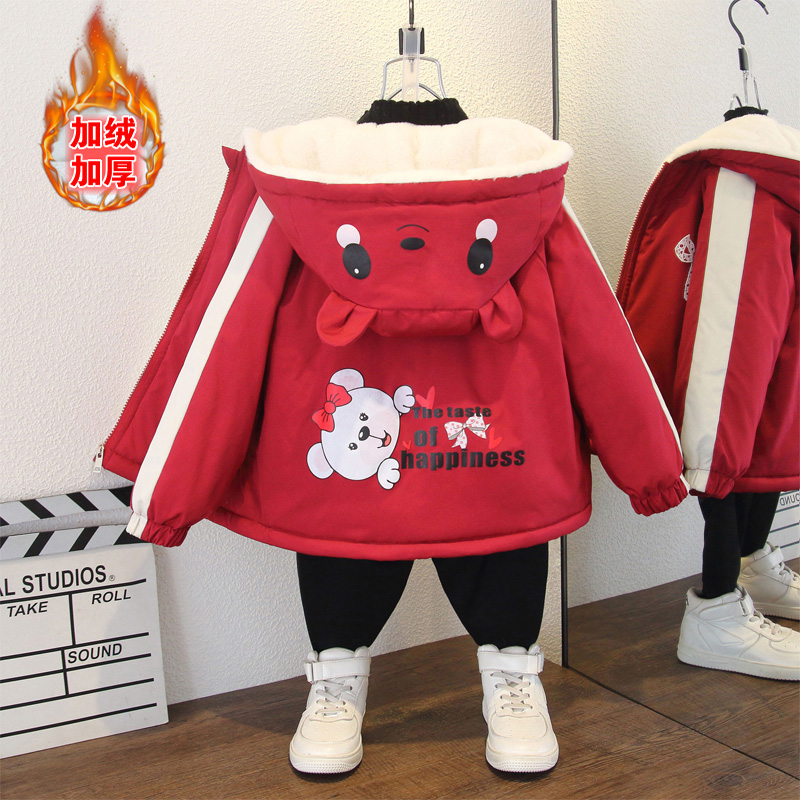 男女宝宝秋冬款棉衣外套女童冬季加绒加厚小熊蝴蝶结印花保暖棉服