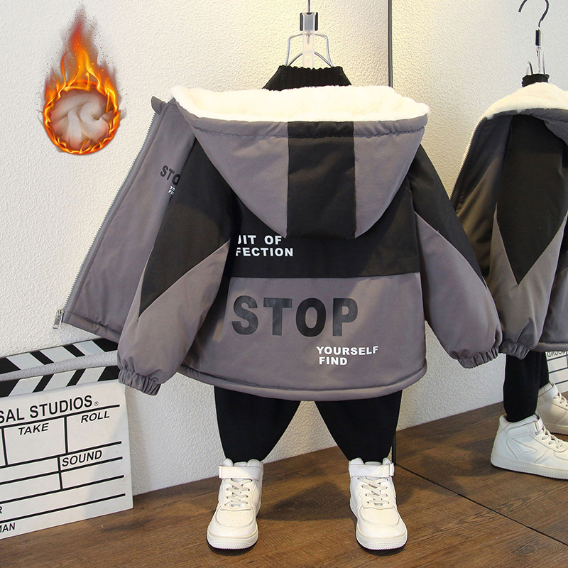男女宝宝冬装保暖加绒外套男童韩版字母印花宽松连帽舒适棉衣潮童
