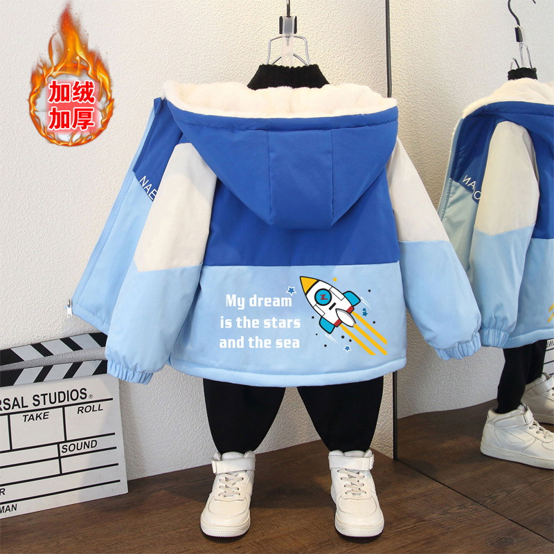 中小童女宝宝秋冬加绒加厚连帽外套男童个性撞色飞船字母印花棉衣