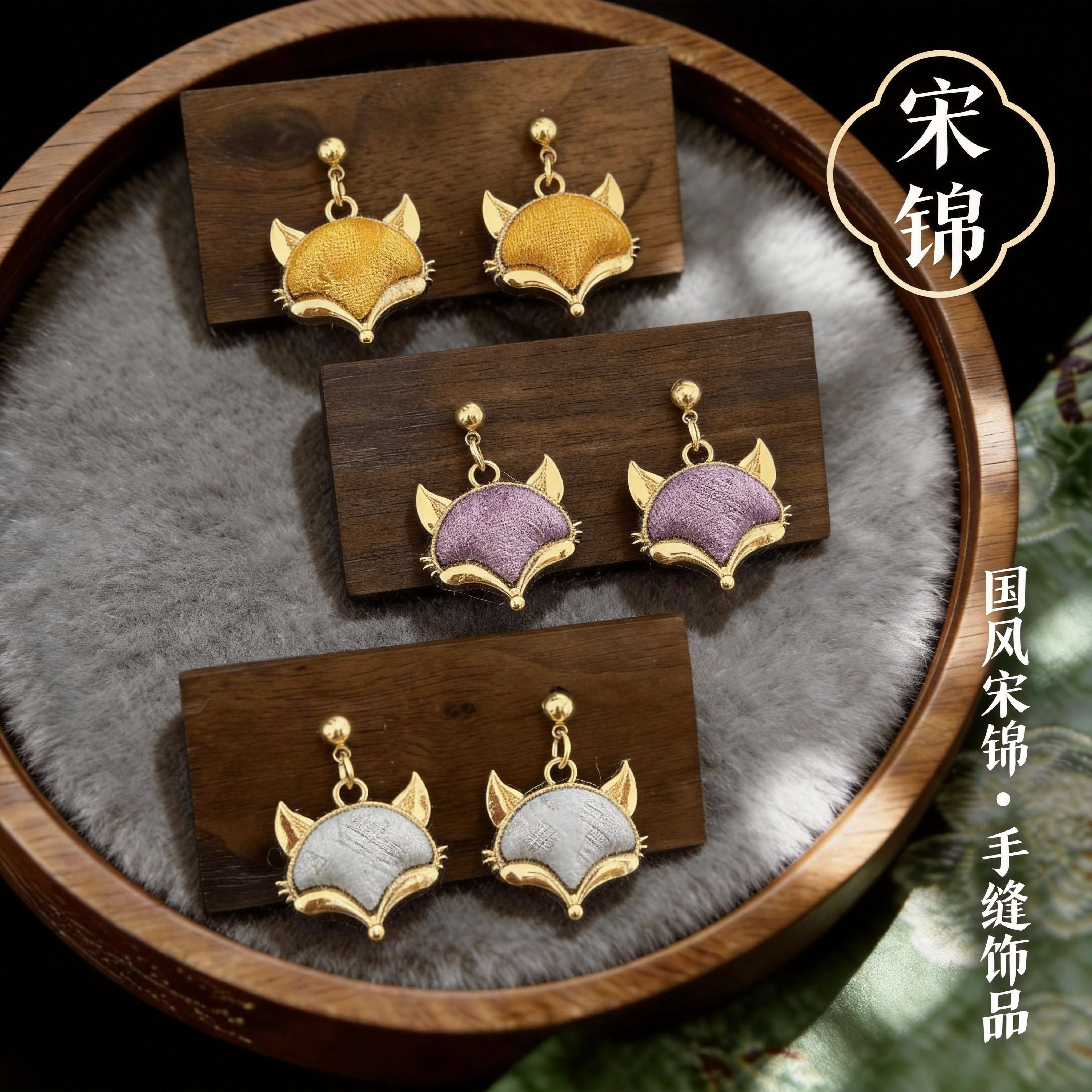 成品国风宋锦耳钉狐狸脸新中式汉服耳饰复古高级小众饰品耳环女