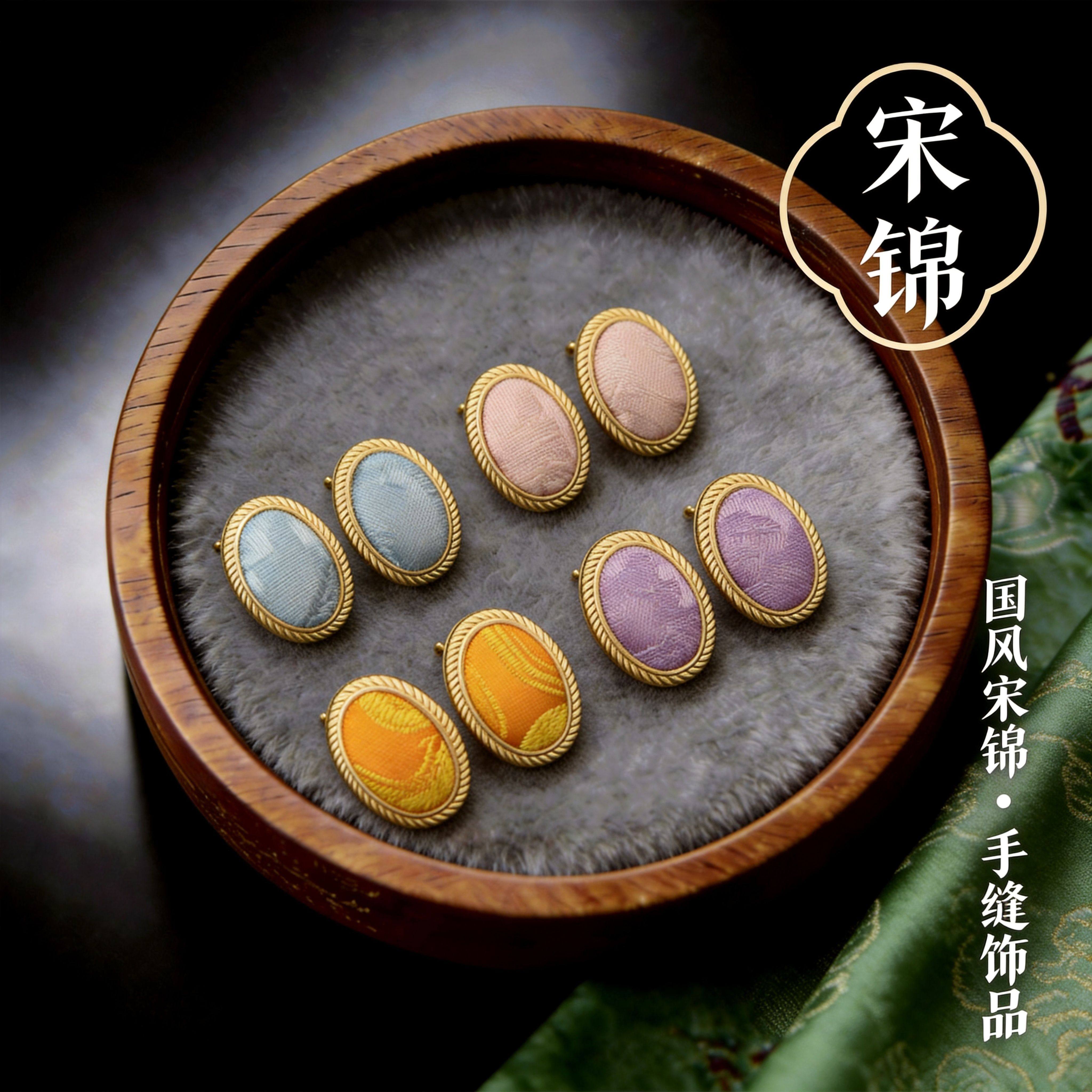成品非遗宋锦耳钉椭圆形新中式汉服耳饰复古高级小众饰品耳环女