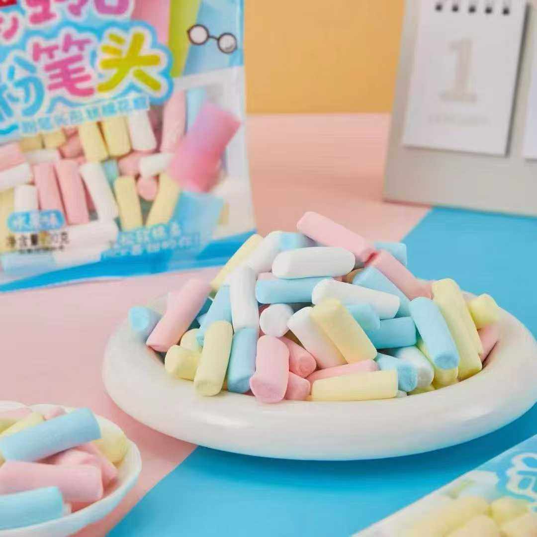 悠甄粉笔头彩色条纹棉花糖袋装多口味混合装休闲零食糖果儿童学生