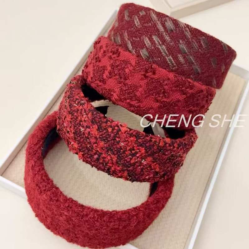 新年喜庆布艺针织高颅顶海绵压发头箍女红色感旅行洗脸发箍女