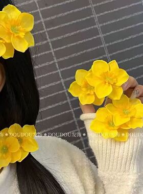 氛围新款双生发夹明媚黄色花朵发卡侧边甜美度假碎发夹头初春发饰
