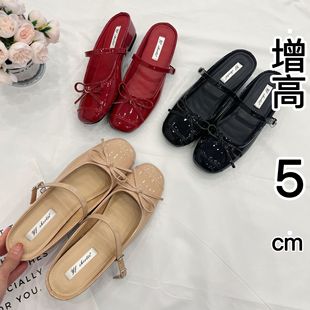 女2025开春新款 增高5cm绝美蝴蝶结一字带凉拖鞋 休闲平底包头半拖