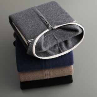 青年羊绒衫男带帽加厚毛衣拼色拉链开衫青少年羊毛衫连帽高中学生