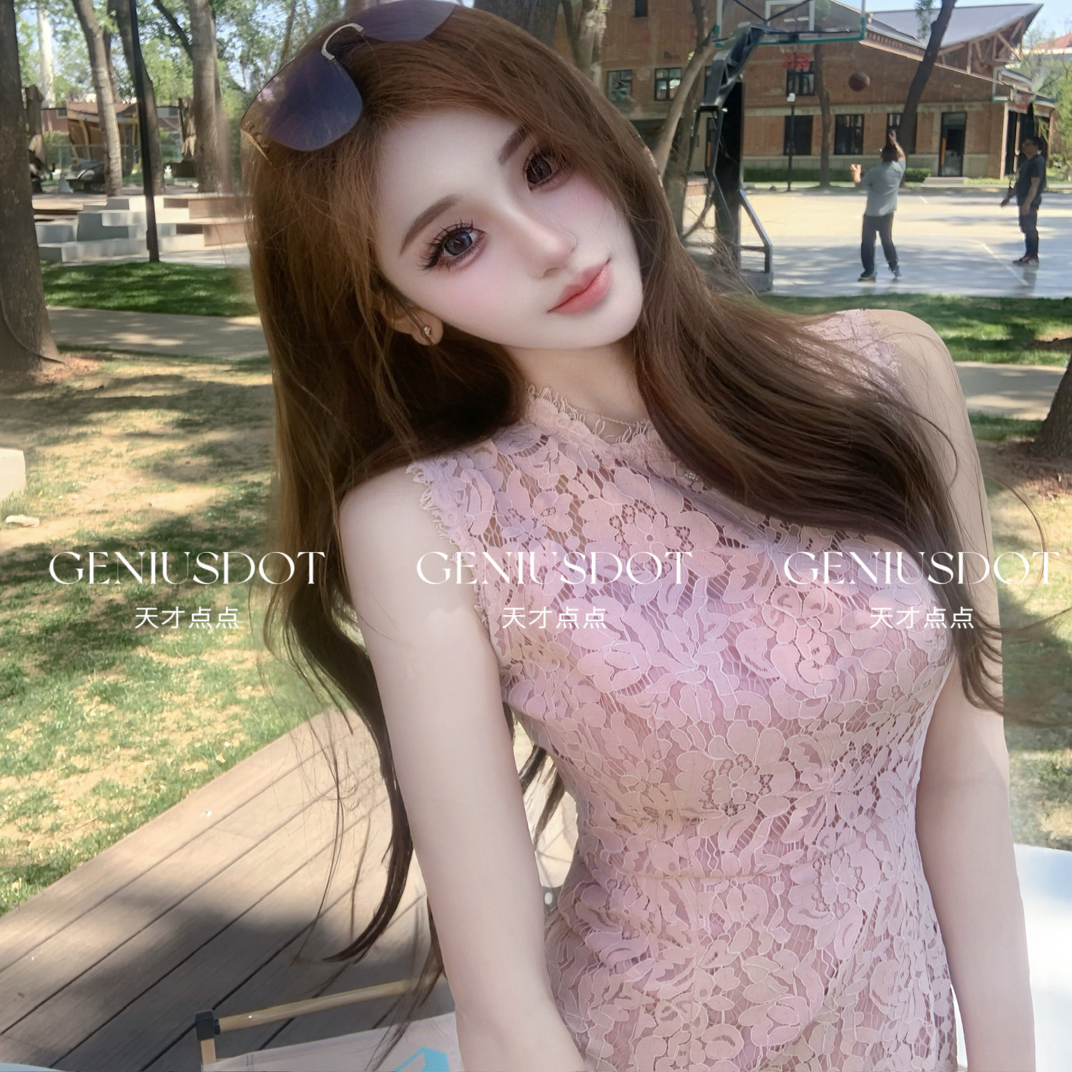 点点家夏日风情粉色蕾丝无袖连衣裙春夏修身显瘦A字粉红色裙子女