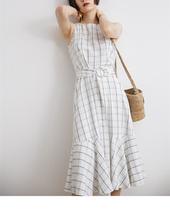 连衣裙 YUESHANG 小众优雅气质格子无袖 设计师款 鱼尾裙 2020