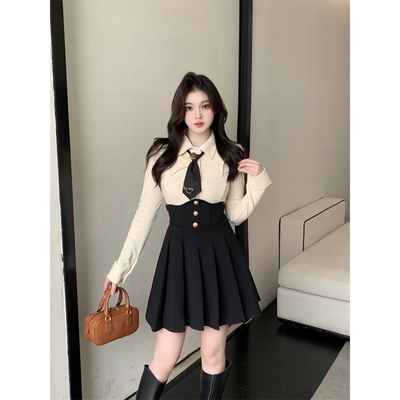 微胖显瘦气质学院风套装女2025新款秋设计款长袖衬衫束腰鱼骨裙