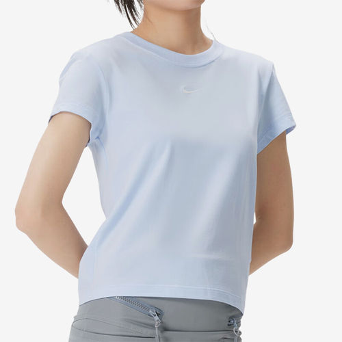 Nike耐克女短袖夏季刺绣圆领透气高腰短款蓝色运动T恤FV5509-407