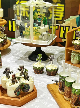 我的世界甜品台蛋糕装饰minecraft主题生日布置摆件绿色纸杯围边