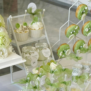 白绿色系婚礼甜品台装饰蕾丝布丁杯封口布thankyou吊牌慕斯杯贴纸