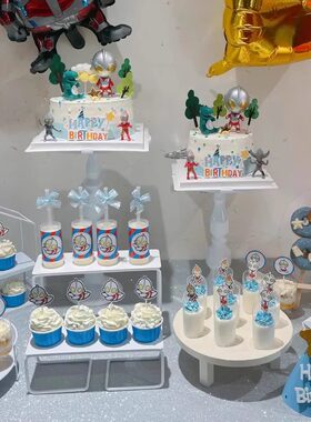 奥特曼甜品台装饰钢铁飞龙生日蛋糕摆件周岁推推乐贴纸咸蛋人插牌