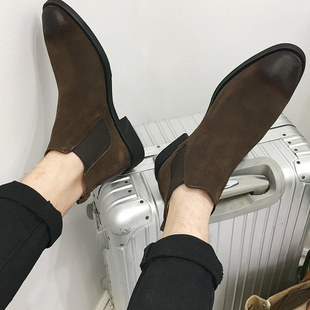 真皮切尔西靴男新款马丁靴翻毛皮鞋男高帮休闲男鞋复古擦色高级感