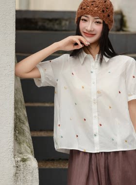 短袖衬衫卡通刺绣衬衣女宽松翻领