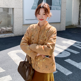 冬季新中式亮片刺绣立领绿色羽绒衣盘扣国风金色绣花羽绒服女外套
