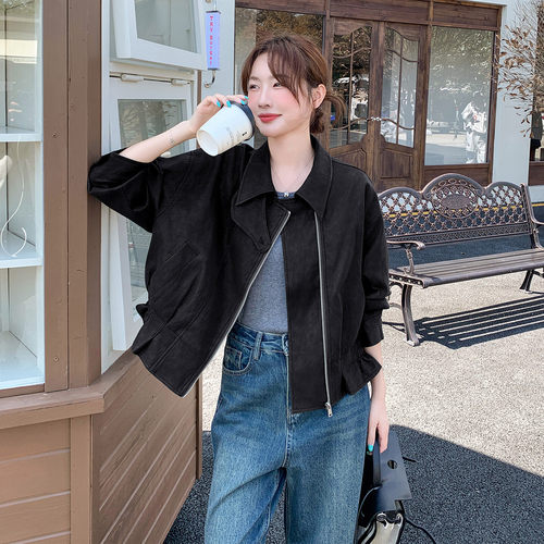 宽松黑色短夹克衫女皮衣外套上衣