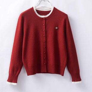 2026春季新款蕾丝花边圆领红色针织开衫女长袖外套时尚上衣毛线衣