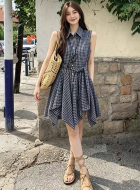 夏季设计感藏蓝色格子不规则连衣裙女高级感收腰显瘦衬衫裙学院风