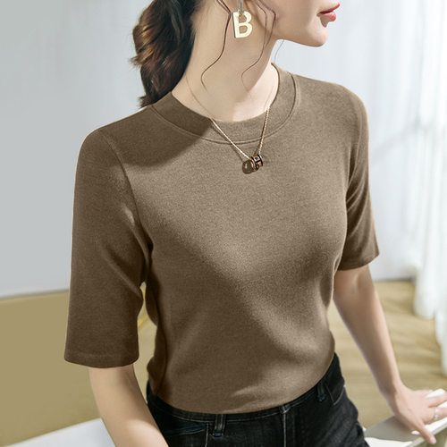 莫代尔短袖t恤女春秋新款2026五分袖圆领显瘦休闲上衣春装打底衫