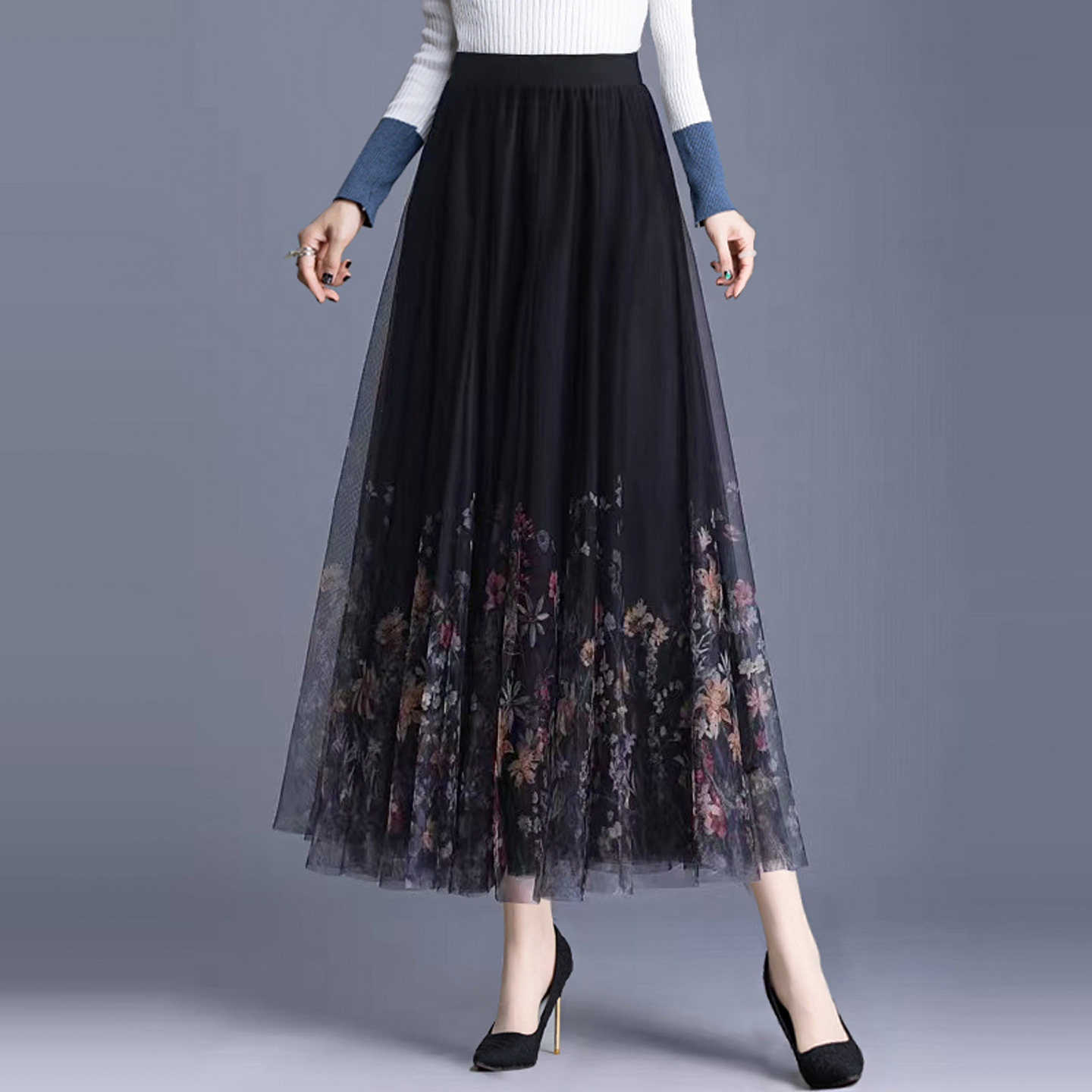 印花两面穿网纱半身裙女百褶