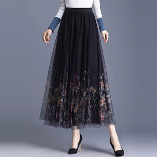 网纱半身裙女春秋中长款 显瘦印花两面穿大摆百褶a字裙子 2026新款