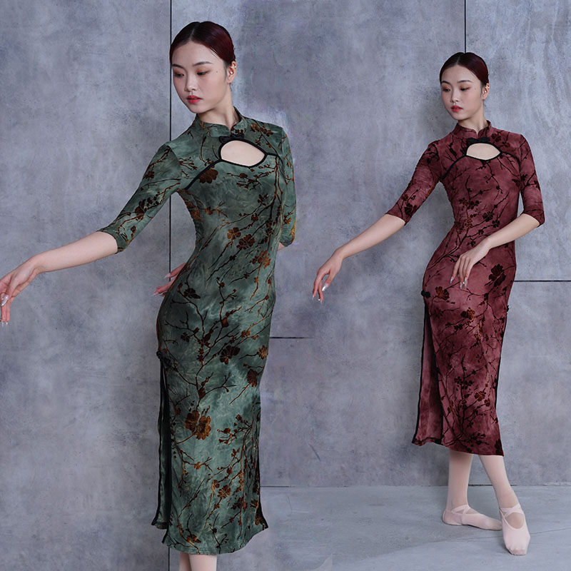 旗袍舞蹈服莱克丹诗扎染植绒修身