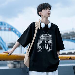 100%纯棉短袖t恤男款夏季美式潮流涂鸦印花宽松大码休闲半袖上衣
