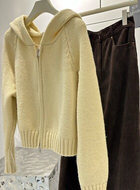 CHAO爱推荐！奶黄色双拉链连帽毛衣女短外套韩国时尚宽松针织开衫