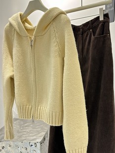 宽松针织开衫 CHAO爱推荐 奶黄色双拉链连帽毛衣女短外套韩国时尚
