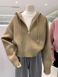 简约设计感拉链连帽毛衣开衫外套女宽松春季新款短款针织上衣加厚