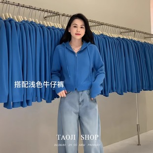 通勤针织开衫 时尚 百搭蓝色拉链连帽针织毛衣女2025秋冬新爆款 韩式