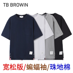 T B新款圆领休闲短袖韩版男女同款宽松款蝙蝠袖红白蓝条纹T