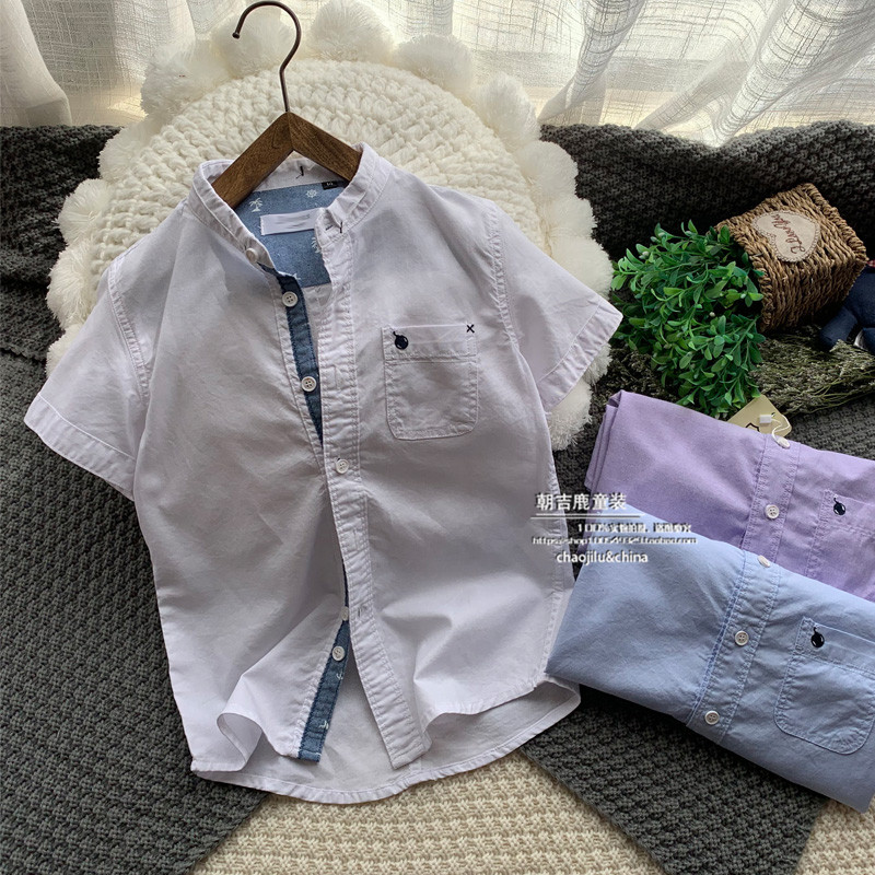 夏季外贸白色中大立领半袖衬衫图片