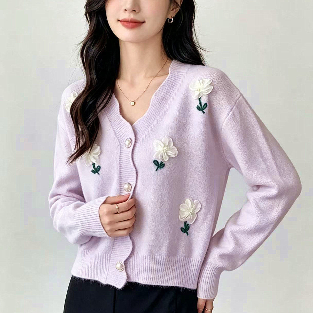 学院风甜美花朵纽扣针织开衫
