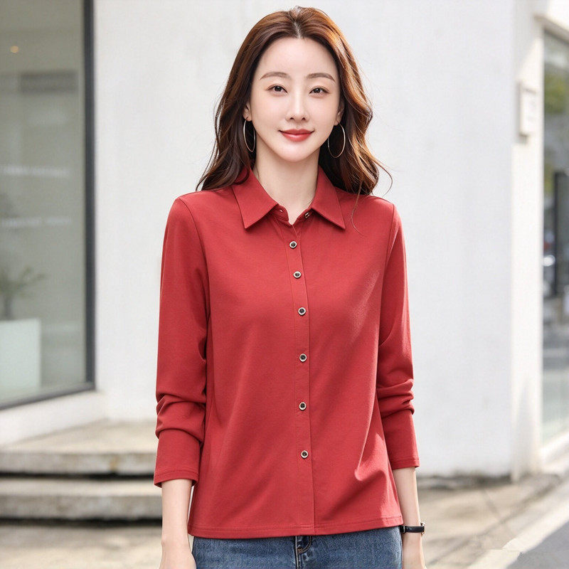 翻领开衫长袖T恤女春秋纯棉针织上衣宽松通勤中年打底衬衫式外套
