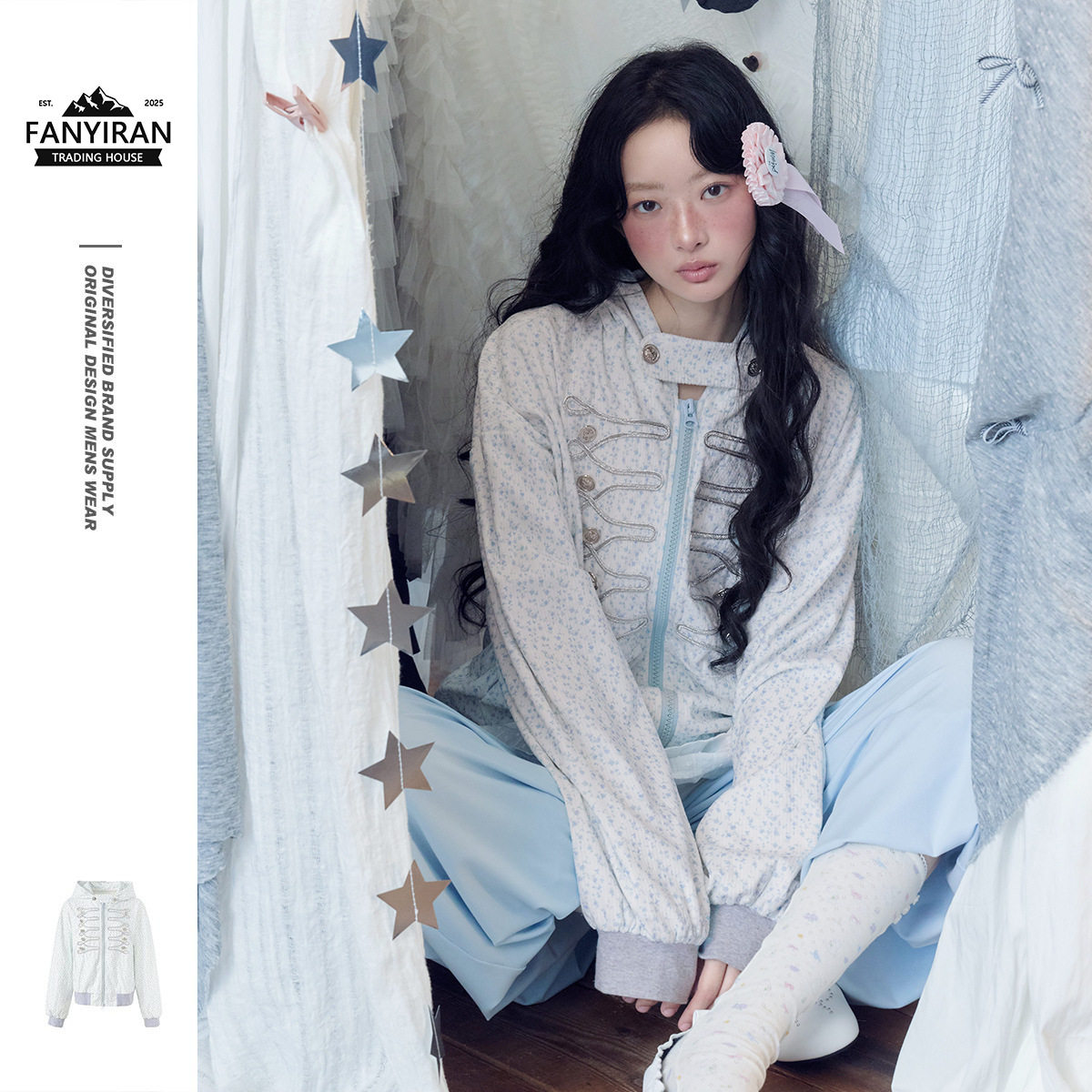 自然STAFFPICK韩系碎花休闲连帽开衫外套女生拿破仑纽扣装饰帽衫