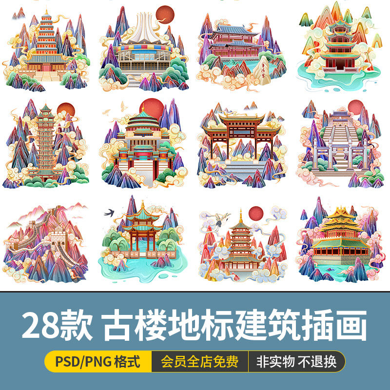 国潮风古建筑城市地标旅游景点古楼亭子插画模板psd设计素材png图