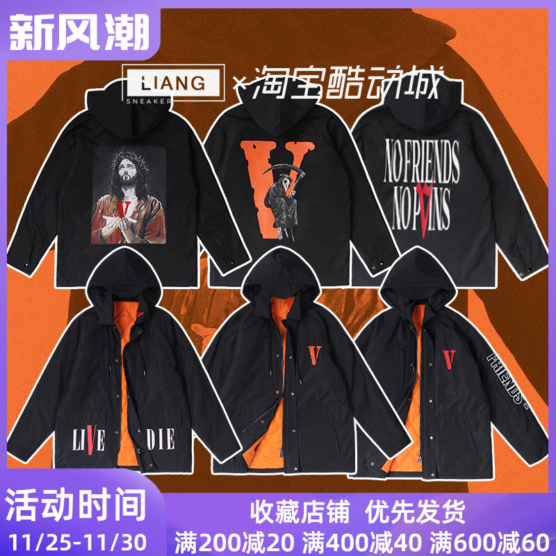 VLONE 刺绣印花休闲人物字母连帽宽松棉服 男女同款 黑色