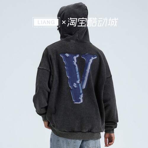 VLONE X光透视大LOGO印花  做旧水洗宽松连帽卫衣 男女同款