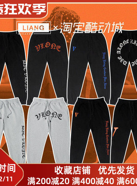 VLONE哥特字母印花小V刺绣长抽绳卫裤系带针织运动卫裤情侣款黑色