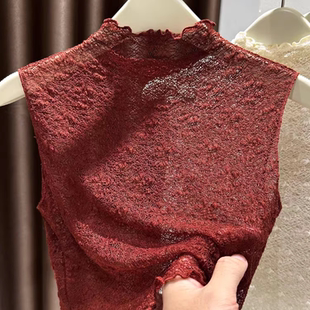 柔软蕾丝假领子女毛衣内搭秋冬半高领无袖背心叠穿薄木耳边打底衫