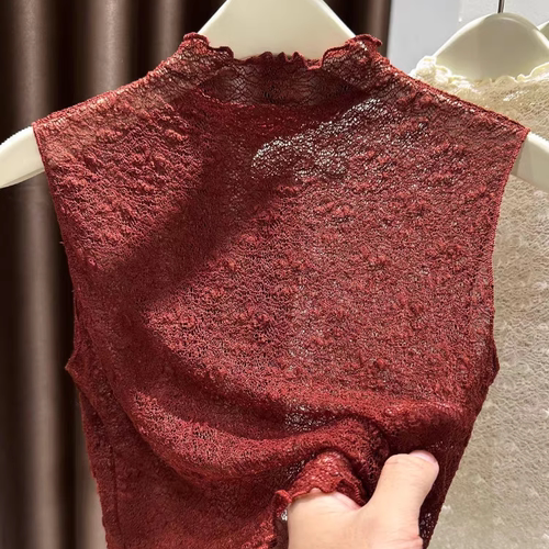 修身木耳边蕾丝无袖