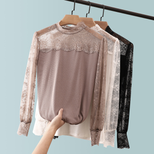 t恤上衣小衫 春秋装 女内搭莫代尔长袖 半高领蕾丝打底衫 2022年新款