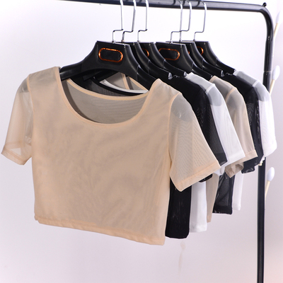 短袖修身露脐高腰网纱纱网