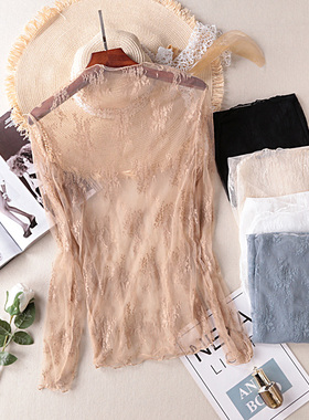 蕾丝打底衫女chuu秋装2019秋季新款洋气时尚内搭纱网百搭镂空上衣