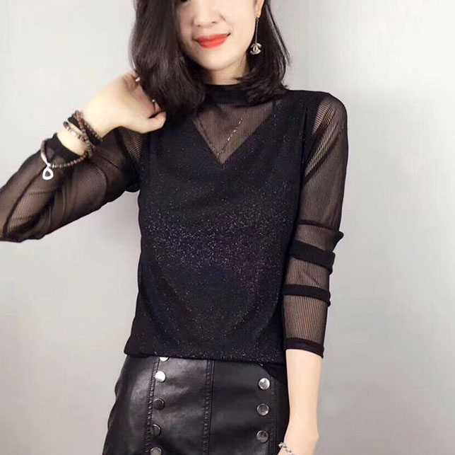 冬立领女长袖上衣蕾丝衫潮t恤