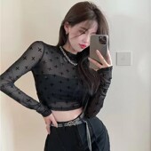 t恤叠穿网纱紧身内搭辣妹上衣 女夏冰丝长袖 泫雅风短款 防晒打底衫