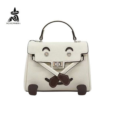 稻草人牛皮女包2025新款时尚专柜同款笑脸单肩斜挎手提凯莉包