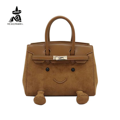稻草人女包麂皮绒可爱卡通小脸包2025冬凯莉手提包时尚斜挎包小包